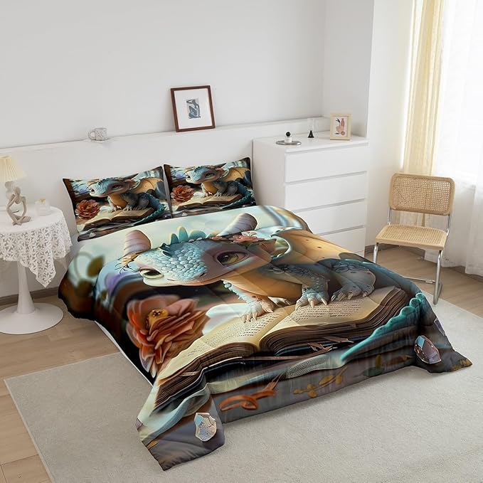 Castle Fairy Cartoon Dragon Comforter Set Full Size Fantasy Western Animal Bedding Set Toddler Bedroom Decor Wild Daisy Flower All Season Quilt Set Cute Dragons Bedding Comforter Sets,3Pcs