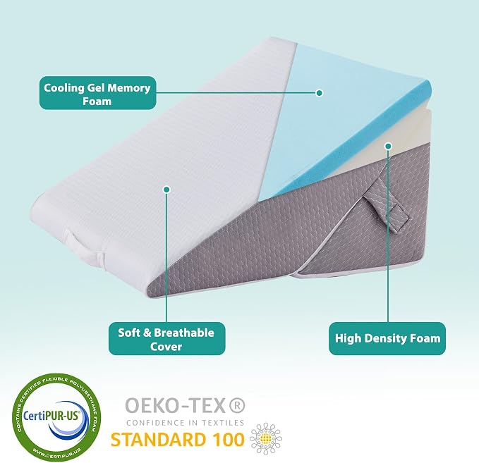 Wedge Pillow for Sleeping, Adjustable 9&12 Inch Foldable Bed Wedge Pillow Set, Orthopedic Memory Foam Triangle Pillows Wedge, 7-in-1 Elevated Pillows for Leg and Back Support, White/Grey