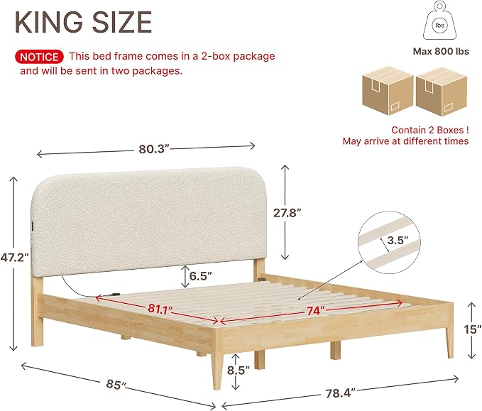 KISLOT Wood Bed Frame with USB & Type-C, Boucle Headboard, Oat, King | Platform Bed, Mattress Foundation, No Box Spring Needed, Easy Assembly