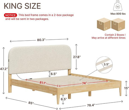 KISLOT Wood Bed Frame with USB & Type-C, Boucle Headboard, Oat, King | Platform Bed, Mattress Foundation, No Box Spring Needed, Easy Assembly