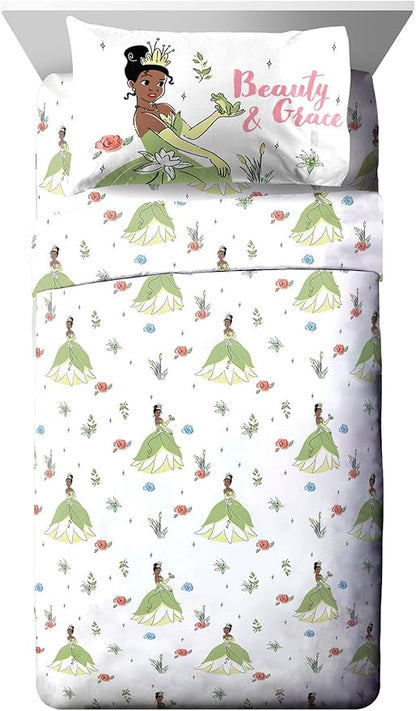 Jay Franco Kids Sheet Cartoon Set with Fitted, Flat Sheets & Pillow Cover - Ultra-Soft Bedding with Pillowcase for Room Decor, White - Tiana, 3 Piece Twin