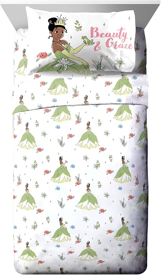 Jay Franco Kids Sheet Cartoon Set with Fitted, Flat Sheets & Pillow Cover - Ultra-Soft Bedding with Pillowcase for Room Decor, White - Tiana, 3 Piece Twin