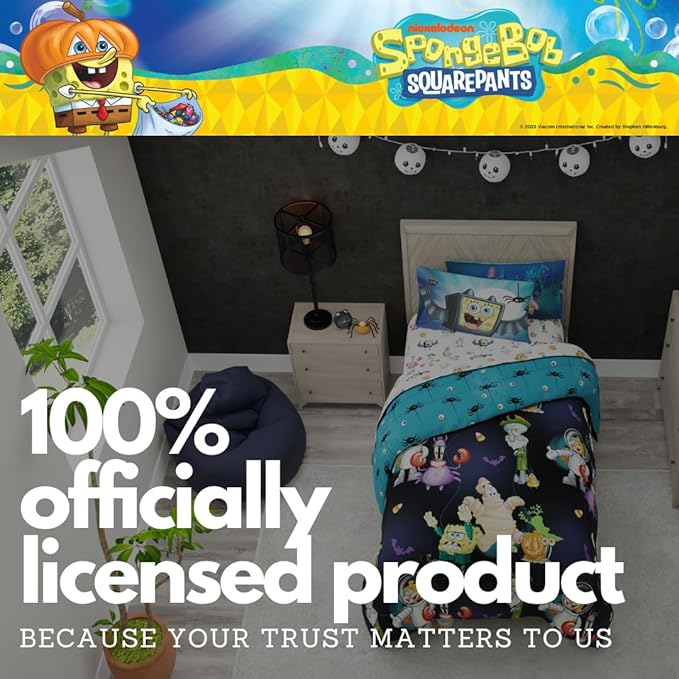 Spongebob Squarepants Kids Halloween Bedding 5 Piece Super Soft Cozy Reversible Comforter and Sheet Set with Sham, Twin, (Officially Licensed Product) by Franco