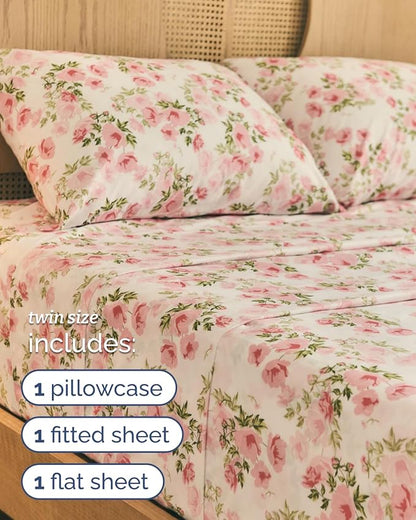 Floral Sheets - Pink Floral Bed Sheet Set - 1 Flat, 1 Fitted & 1 Pillowcase w/ Deep Pockets - Comfy, Wrinkle & Fade Free - Boho Botanical Bedding - Ultra-Soft, Breathable and Cooling - Twin Size Set