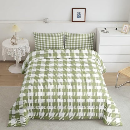 Manfei Green Plaid Comforter Set Buffalo Check Plaid Bedding Set Classic Gingham Pattern Bedding Home Decor Light Green White Scottish Comforter Twin Size Quilted Duvet Set with 1 Pillowcase