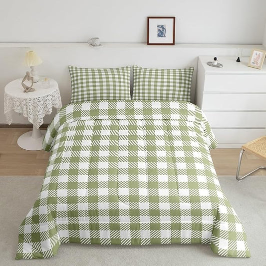 Manfei Green Plaid Comforter Set Buffalo Check Plaid Bedding Set Classic Gingham Pattern Bedding Home Decor Light Green White Scottish Comforter Queen Size Quilted Duvet Set with 2 Pillowcase