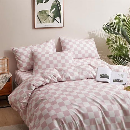 CLOTHKNOW Pink White Plaid Comforter Set Full Size Grid Bedding Comforter Sets Soft Geometric Checker Comforter with 2 x Pillow Cases