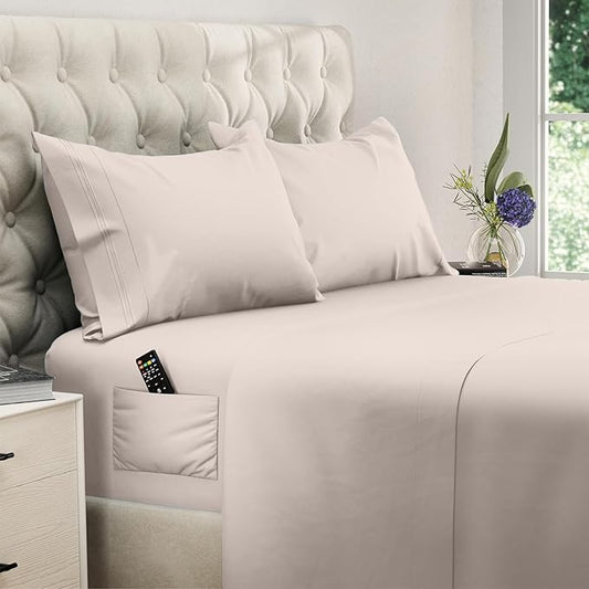 DREAMCARE Full Size Sheets Set - 4 Pcs Cooling Bed Sheets with Up to 15" Deep Pockets - Soft, Long-Lasting 100% Brushed Polyester with Side Pocket (Beige)