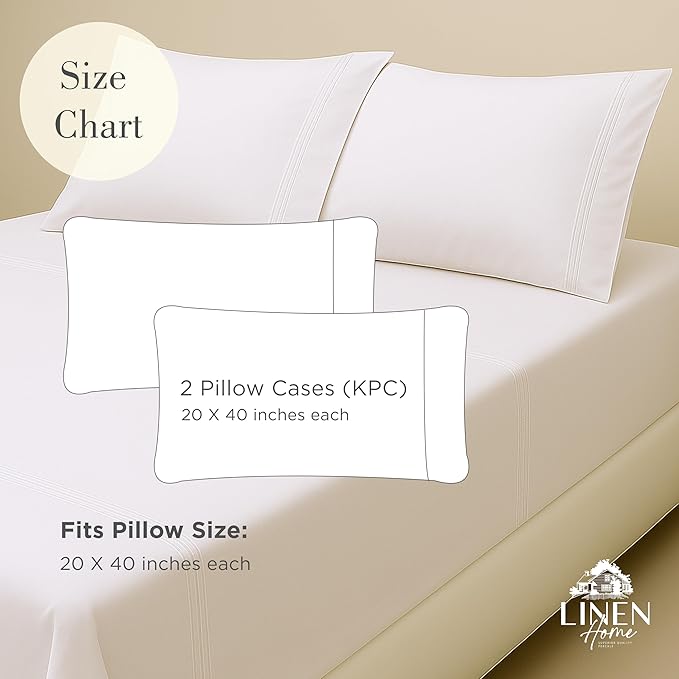Linen Home 100% Cotton Percale Triple Pleat Hem Pillowcases King Size, White, 2 Pieces of Pillow Case, Crisp and Cool Strong Bed Linen, 20 inches X 40 inches
