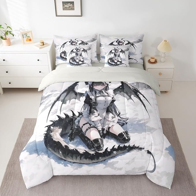 Erosebridal Anime Girl Comforter Set 7 Piece King, Japanese Anime Bedding Set for Kids Girls Teens Women Bedroom, Cartoon Girl Bed in A Bag Japanese Animation Sci Fi Style Sheet Sets