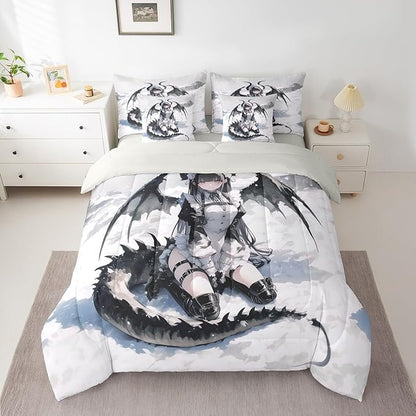 Erosebridal Anime Girl Comforter Set 7 Piece Twin, Japanese Anime Bedding Set for Kids Girls Teens Women Bedroom, Cartoon Girl Bed in A Bag Japanese Animation Sci Fi Style Sheet Sets
