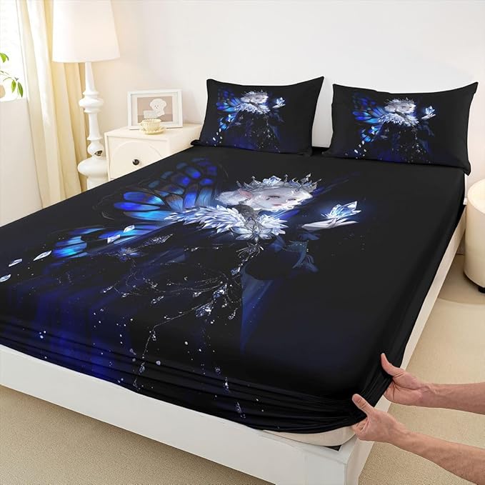 Erosebridal Gothic Girls Fitted Sheet for Boys Girls Kids A Girl Wearing A Crown Queen Bed Sheets,Butterfly Diamond Feather Print Sheets Coquette Princess Bedding Sets, No Top Sheet