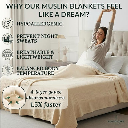 CLOUDSCAPE 100% Cotton Muslin Blanket King Size for Bed - Oversized 4 Layer 108x92 Fits Cal King Bed - Soft Breathable, Gauze, Lightweight, All Season, Summer Layering Blankets for Adults- Ivory