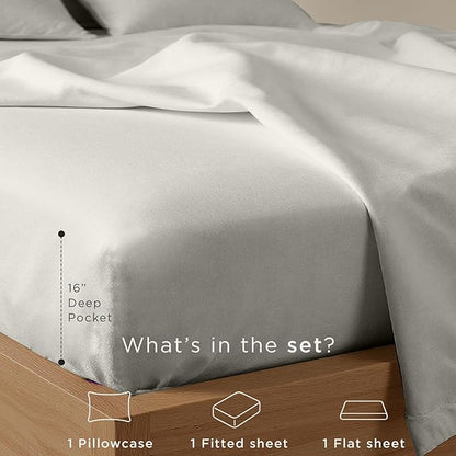 Threadmill Cotton Twin XL Sheet Set | 100% Cotton Sheets for Twin XL Size Bed | Solid Sateen Twin XL Bed Sheets Set with 16” Deep Pocket | Soft Breathable 3-Piece Cooling Sheet Set | Light Grey