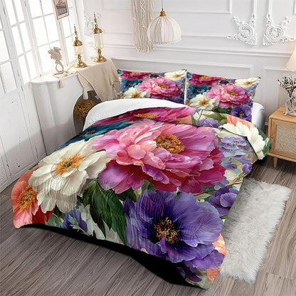 Queen Size Victorian Botanical Floral Bedding Sets, 5Pcs Colorful Peony Bed in A Bag, 1 Comforter (90"x90") and 2 Pillowcases, 1 Fitted Sheet, 1 Flat Sheet, 2 Pillow Shams