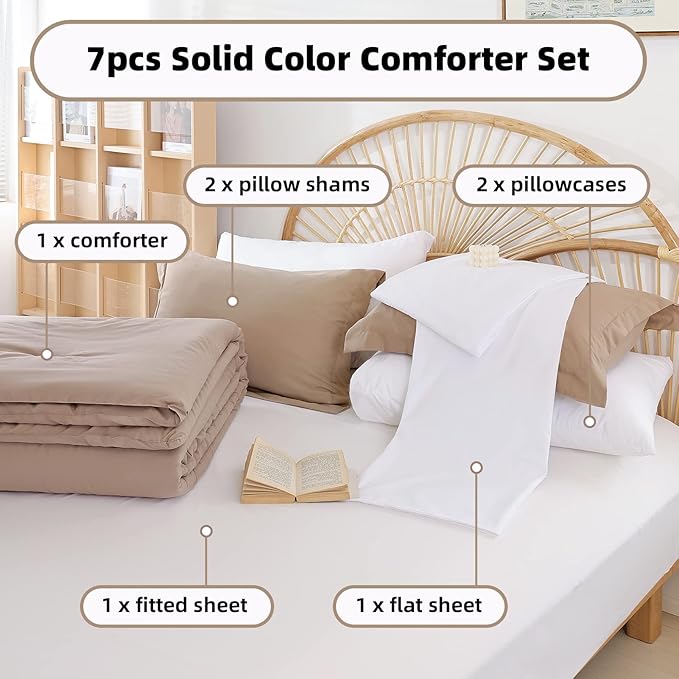 weigelia Queen Comforter Set Taupe Comforter Set 7 Pieces Bed Comforter Set with Fitted Sheets, Flat Sheets, Pillow Shams and Pillowcases for All Season