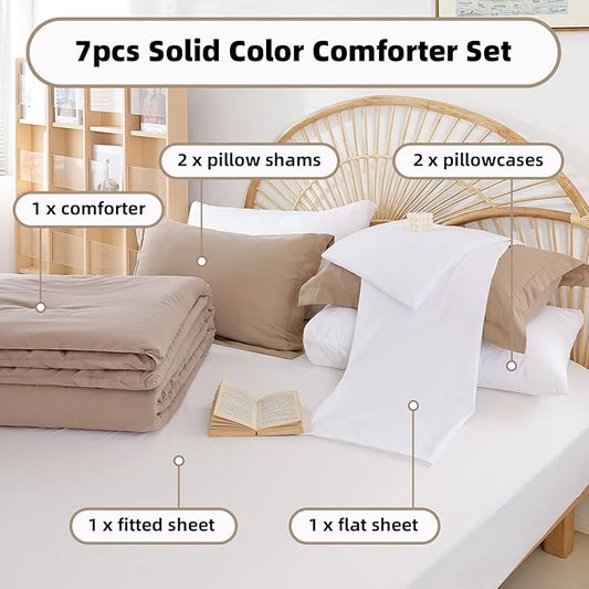 weigelia Full Size Comforter Set Taupe Comforter Set 7 Pieces Full Bed in a Bag Soft Lightweight Comforters Full Size with Sheets, Pillow Shams, Pillow Cases for All Season