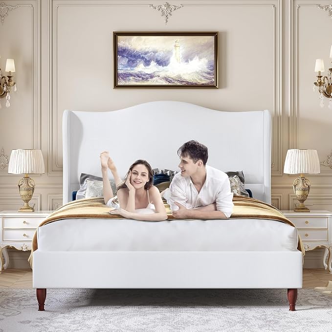 koorlian King Size Upholstered Bed Frame with 51'' Tall Headboard, White | Reinforced Platform Bed, Easy Assembly, Soft Fabric, Sleigh Wingback, Solid Wood Retro Legs, Noise-Free, Classic & Simple