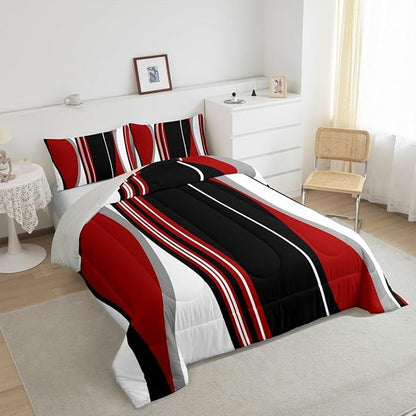 Erosebridal Red and Black Striped Twin Bedding Sets for Adult Women Men Grey Modern Abstract Comforter Set Geometric Stripes Lines Quilt Duvet Set Contemporary Art Boho Bed Collections for Minimalist