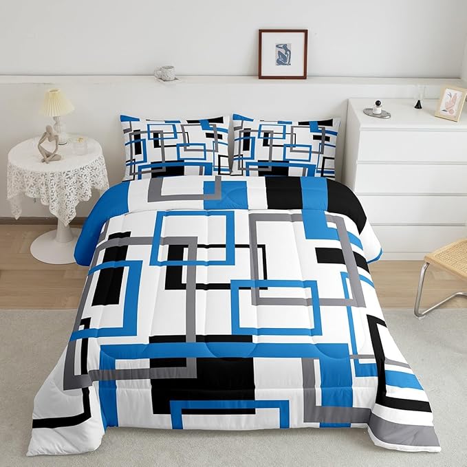 Erosebridal Blue Black White Grey Comforter Sets for Adult,Geometric Bedding Set Queen,Colorful Square Quilt Set,3D Abstract Grid Duvet Insert with 2 Pillowcases Home Room Decor