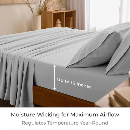 Mellanni Full Sheet Set - 6-Piece Iconic Collection Bedding, (Including 4 Pillowcases), 16-Inch Deep Pocket, Easy Care, Extra Soft, Cooling Sheets, Brushed Microfiber - Light Gray