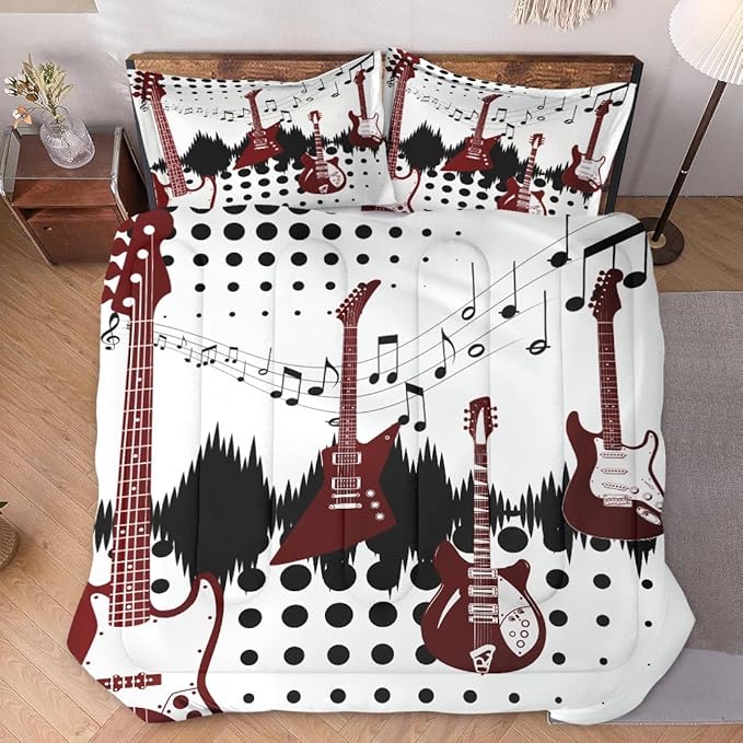 Twin Size Comforter Set with Pillowcase, Guitar Rock Music 2 Pcs Bedding for Kids and Adults, Musical Play Soft Comforter Set for Bedroom Bed Decor