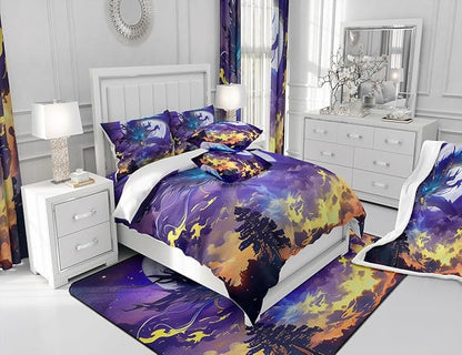 Fire Dragon Comforter Set Full Size,Moon Starry Sky Bedding Set 3Pcs,Kids Boys Girls Room Decor Fantasy Style Magical Animals Theme Quilt Set Volcano Purple Nebula Printed Duvet Insert,2 Pillowcases
