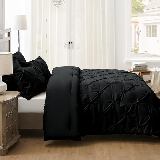 UNIKOME King Size Comforter Set Black - Ultra Soft Boho Pintuck Down Alternative Bedding Set for All Seasons, 3 Pieces Lightweight Warm Pinch Pleat Bed Set with Comforter, 2 Pillowcases