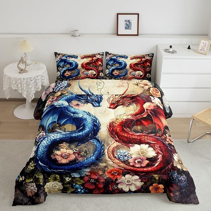 Castle Fairy Chinese Loong Kids Comforter Set,Wild Animals Dragon Bedding Set All Season,Watercolor Flowers Comforter 2 Pcs with 1 Pillowcase,Toddler Size