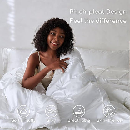MR&HM Satin Comforter Twin XL 5 Pieces - Luxurious Pinch Pleat Bedding Set with Comforter, Flat Sheet, Fitted Sheet, Pillowcase & Sham, Super Silky Soft Bed Set for All Season (Twin XL, White)