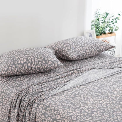 DAUAOTO California King Cotton Sheets Set Printed Bedding Sets, Modern Pattern Bedlinen for Cal King Mattress Up to 14" Deep, Leopard Gray