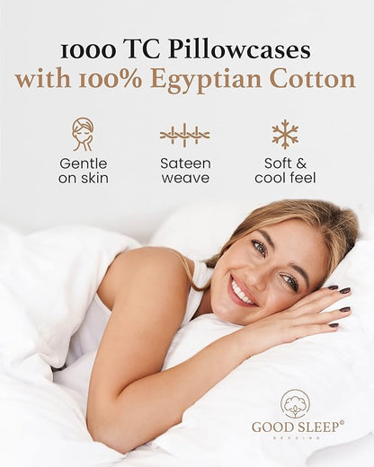 1000 TC White King Pillowcases Set of 4 100% Egyptian Cotton Pillow Cases with Long Staple Cotton & Sateen Weave, Silky Soft Hotel - Like Bed Pillow Covers for Comfy Sleeping, Snug Fit
