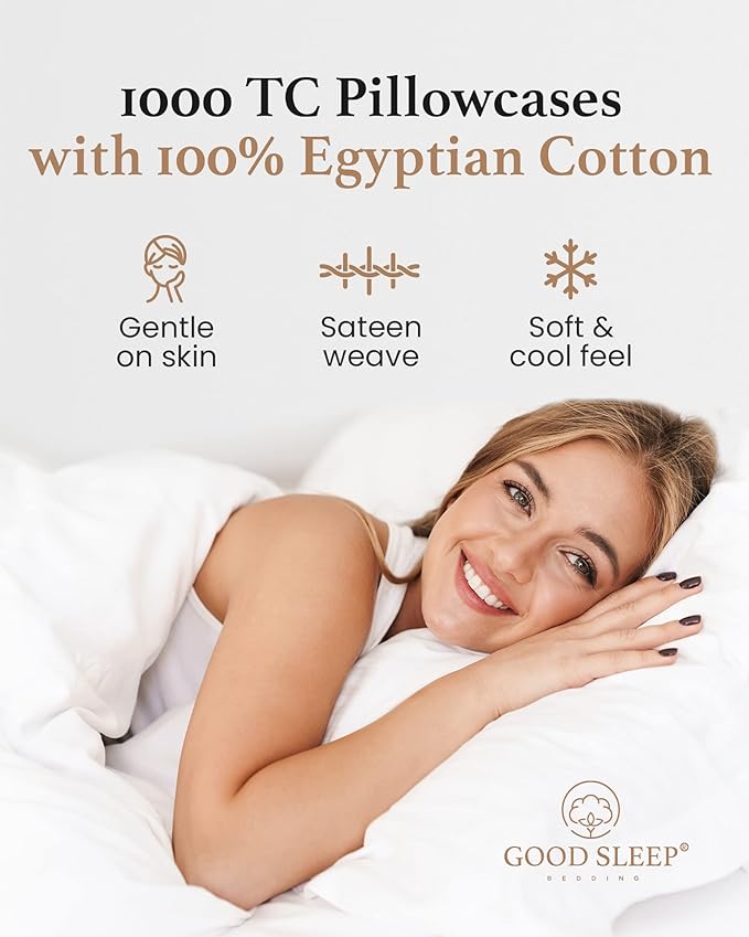 1000 TC White Standard Pillowcases Set of 2 100% Egyptian Cotton Pillow Cases with Long Staple Cotton & Sateen Weave, Silky Soft Hotel - Like Bed Pillow Covers for Comfy Sleeping, Snug Fit
