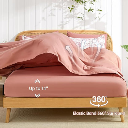 Luxudecor Floral Comforter Set Queen Size 7 Pieces, Blush Pink Flower with Bird Bed in a Bag, Soft Reversible Comforter with Sheet Bed Set 90"x90"