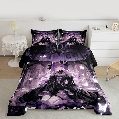 Erosebridal 3D Girly Kids Comforter Set | Japanese Girl Bedding Full Size Anime Gifts Down Comforter Purple Dreamy Butterfly Print Duvet Set for Bedroom