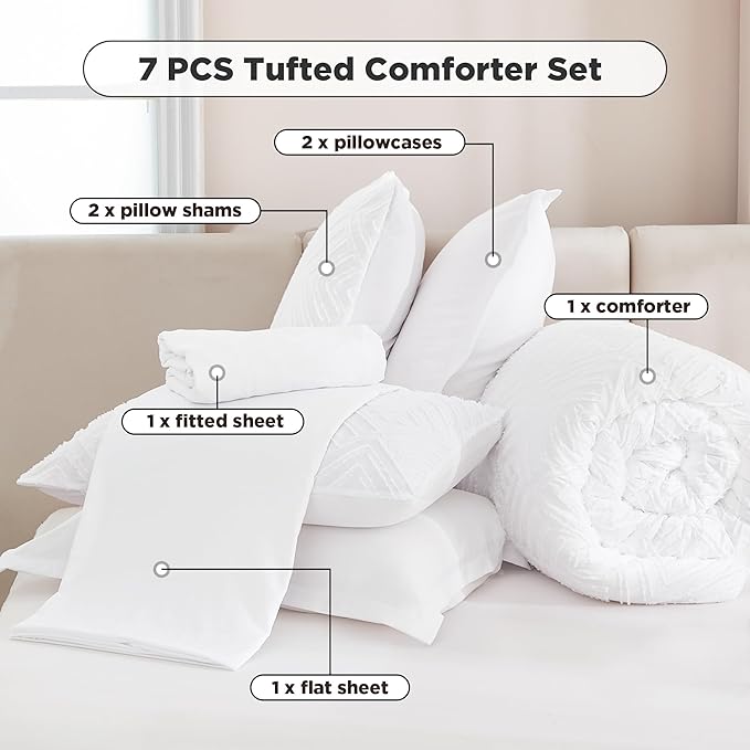 Andency White Super King Plus Size Comforter Set with Sheets - 7 Pieces Bed in a Bag Boho Tufted Bedding Sets Fluffy Lightweight Oversized King Bed Set with Comforter, Sheets, Pillowcases & Shams