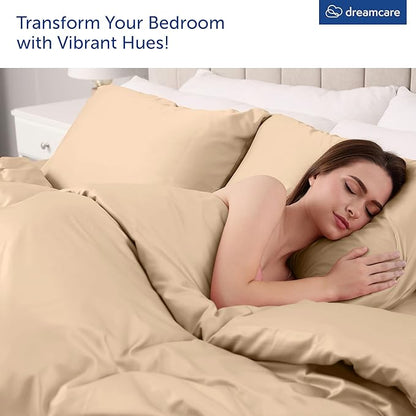 DREAMCARE Queen Sheet Set – 4 pcs Cooling Sheets – up to 21” Deep Pocket Queen Sheets – Hotel Luxury Sheets & Pillowcases – Superior Softness 100% Fine Microfiber with Side Pocket, Wheat