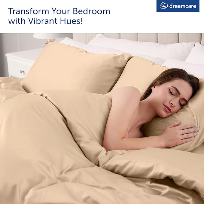 DREAMCARE King Size Sheets Set – 4 pcs Super Soft & Lightweight Cooling Sheets – up to 21” Deep Pocket King Sheet Set – Hotel Luxury Sheets & Pillowcases – 100% Fine Microfiber with Side Pocket, Wheat