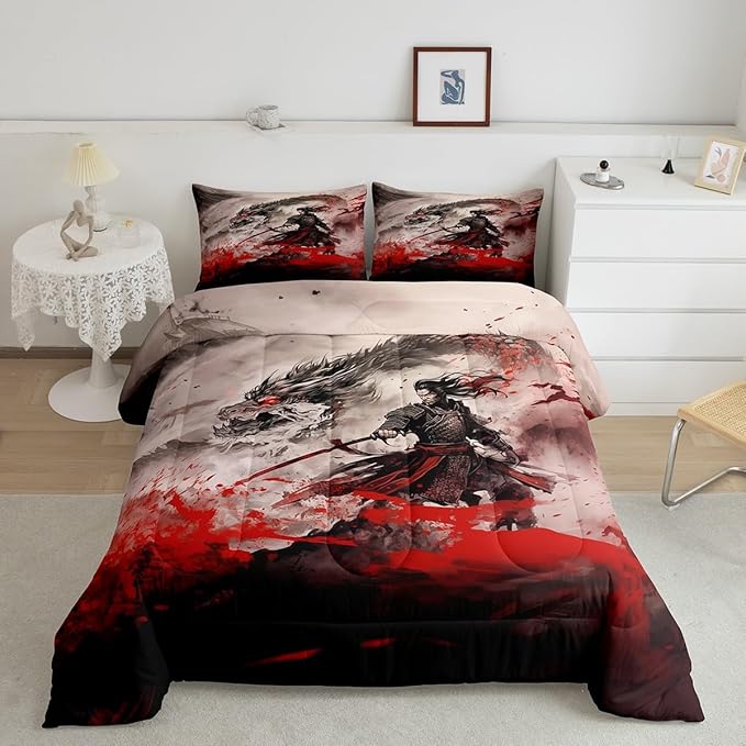 Dragon Comforter Set Full Size,Japanese Samurai Bedding Set Kids Boys Teens Men Home Decor Magical Animals 3D Dragon Quilt Set,Western Wildlife Theme Black Red Ink Style Duvet Insert,2 Pillowcases