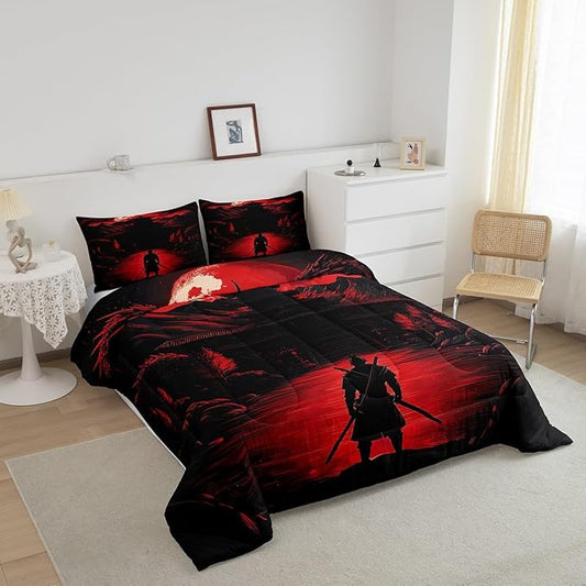 Feelyou Dragon Comforter Set Full Size Japanese Style Comforter for Boys Girls Teens Samurai Bedding Set Sunset Duvet Set Room Decor Red Black Quilt Set