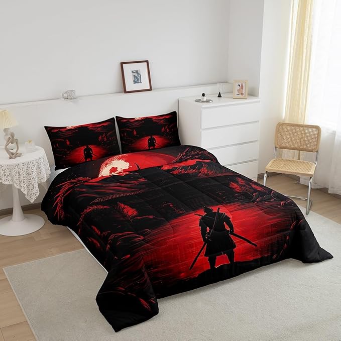 Feelyou Dragon Comforter Set King Size Japanese Style Comforter for Boys Girls Teens Samurai Bedding Set Sunset Duvet Set Room Decor Red Black Quilt Set