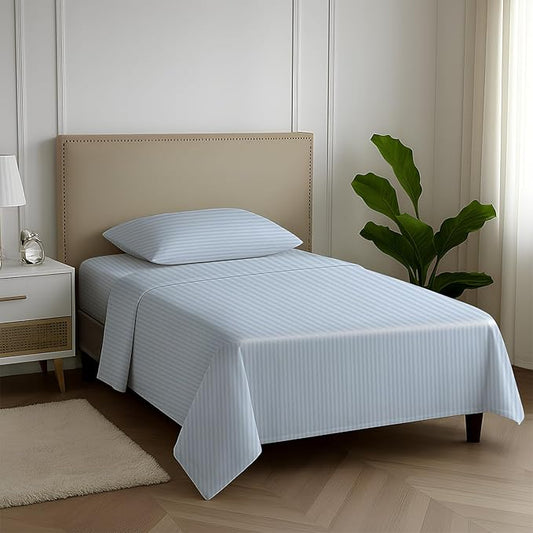 Carressa Linen Luxury Egyptian Cotton Twin Stripe Sheet Set - 600 Thread Count Extra Long Staple 3 PC Set, Light Blue Twin Damask Sheets, Soft, Cooling Sateen Weave Sheets Upto 18 in Deep Pocket