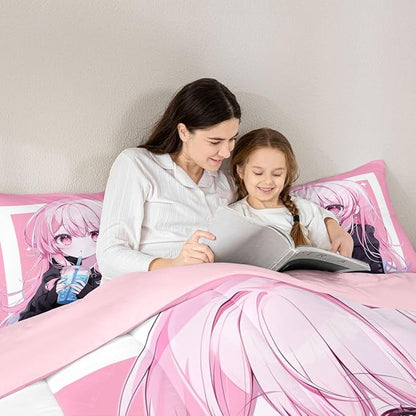 Erosebridal 3D Japanese Kids Comforter Set | Anime Girl Drinking Milk Tea Bedding Full Size Cute Kawaii Girly Down Comforter Modern Fashion Aesthetic Duvet Set for Bedroom