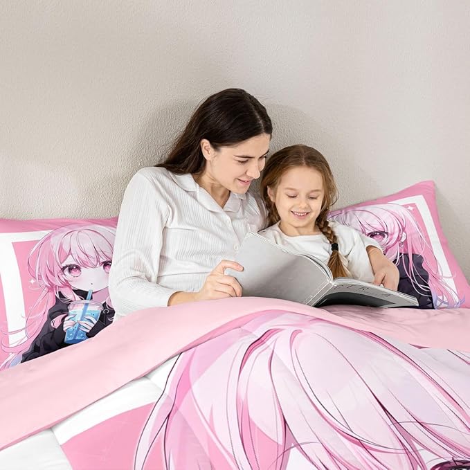 Erosebridal 3D Japanese Kids Comforter Set | Anime Girl Drinking Milk Tea Bedding Queen Size Cute Kawaii Girly Down Comforter Modern Fashion Aesthetic Duvet Set for Bedroom