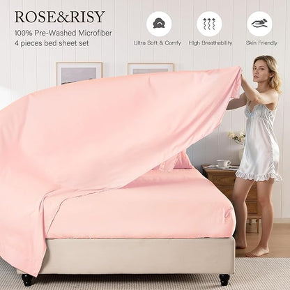 ROSE&RISY Full Size Sheet Set, Pre-Washed Microfiber Cotton-Like 4 Pcs Ultra Soft Bedding Set Full, Breathable Cooling Skin-Friendly All Seasons, 1 Fitted, 1 Flat, 2 Pillowcases (Pink, Full)