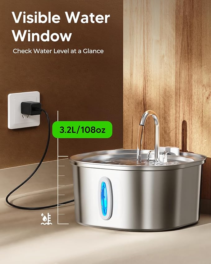 PEKTACO Stainless Steel Cat Water Fountain with 6 Filters, 3.2L/108oz | Cat drinking fountain, dishwasher safe, with triple filtration, quiet pump, and visible water window for cats and small pets
