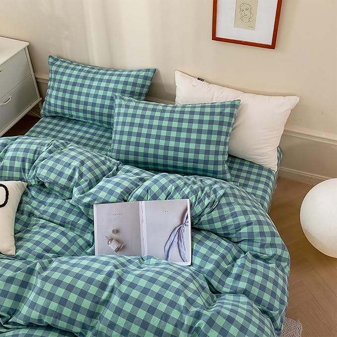 EAVD Queen Comforter Set Green Gingham Comforter Set 3 Pieces Soft Fluffy Cotton Bedding Set with 2 Pillowcases Modern Grid Checkered Plaid Bedding Set for All-Season Lightweight&Breathable