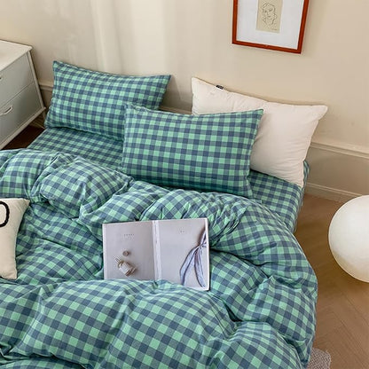 EAVD Green Gingham Comforter Set Twin XL Soft Fluffy 3-Piece Modern Green Grid Checkered Plaid Bedding Set with 2 Pillowcases for Boys Women Men Farmhouse Geometric Comforter Set for All-Season