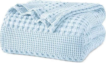 PHF 100% Cotton Waffle Weave Blanket Twin Size for Bed, Soft Lightweight & Breathable for Spring and Summer, All-Season Comfort, Luxury Aesthetic Blanket for Home Decor, 66"x90", Baby Blue