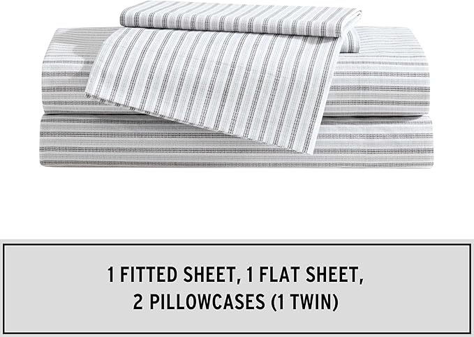 Eddie Bauer - Full Sheet Set, Cotton Percale Bedding Set, Super Soft and Bedding Set, Oeko-Tex Certified (Ticking Stripe Grey, Full)